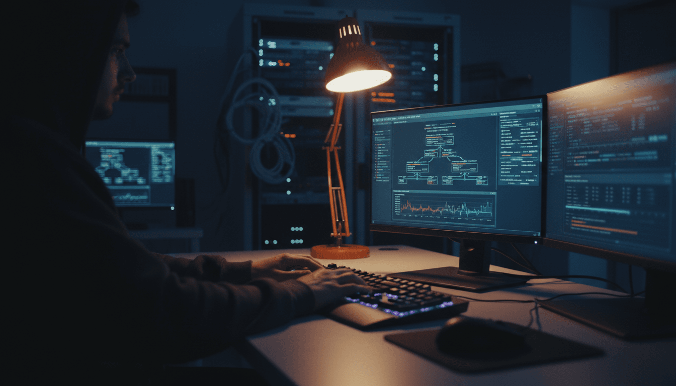 IT professional monitoring system dashboards and infrastructure management on multiple monitors