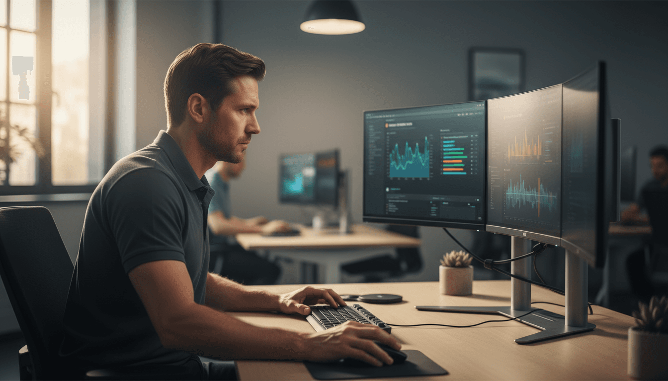 IT technician monitoring managed systems on multiple computer screens